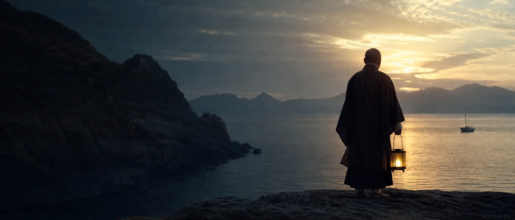 A robed traveler looks across the sea on a route linking China and Japan