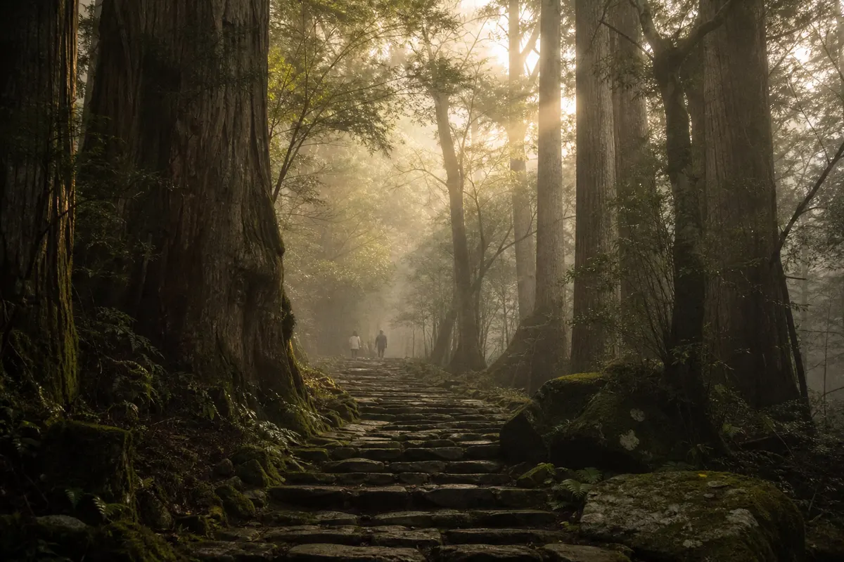 A quiet stone pilgrimage path through cedar forest on Shikoku